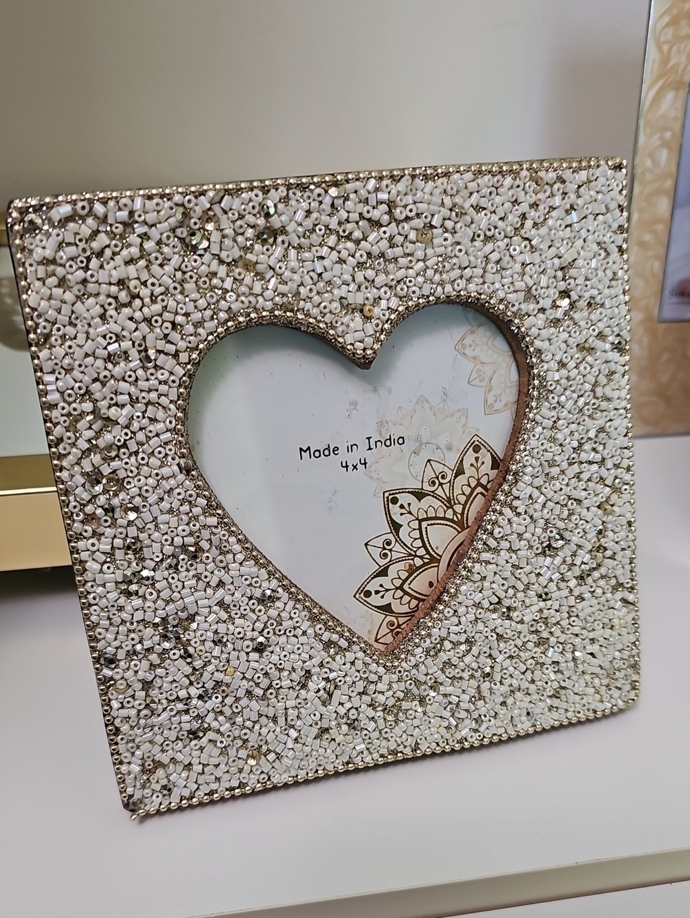 Beaded Heart Photo Frame - White Gold Brand New Made In India 4x4 Photo Holds
